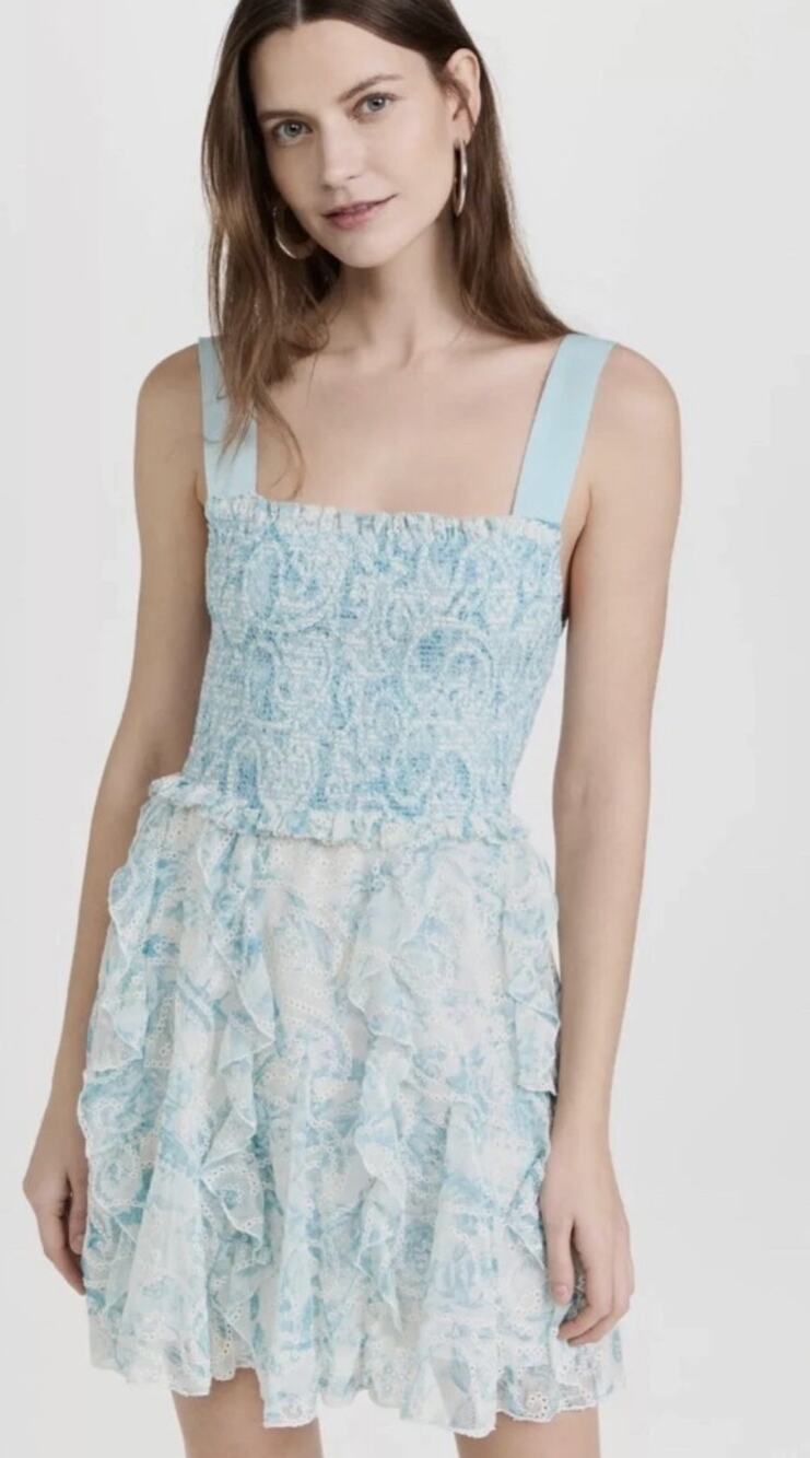 Alice & Olivia Dress 0 Jocelyn Smocked Mini Lace Floral Blue Romantic Feminine
